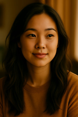 Portrait of an Asian woman indoors with warm, natural lighting.の素材