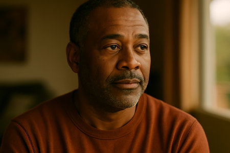 Portrait of an older man with beard indoors in warm light.の素材
