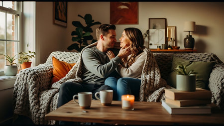 Young couple sitting on sofa in living room and reading book. Man kissing woman.の素材
