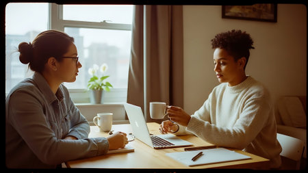 Two young businesspeople having a coffee break in office. African-american woman and Caucasian man working together on laptop computer.の素材