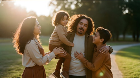 Happy multiethnic family walking in the park and looking at each otherの素材