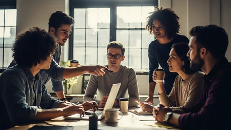 Group of young multiethnic business people working together in modern officeの素材