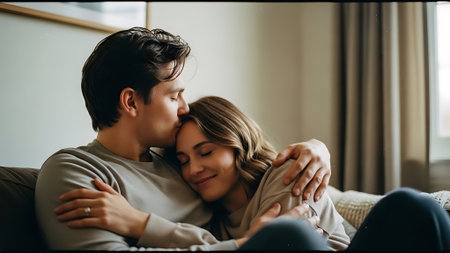 Young couple hugging and kissing on sofa in living room at home.の素材
