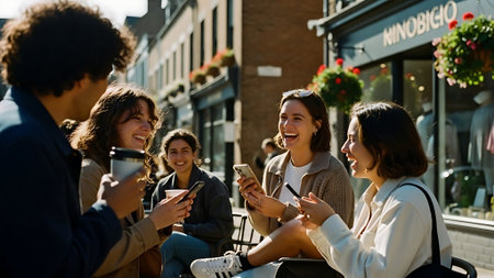 Group of friends using mobile phone and drinking coffee in the street.の素材