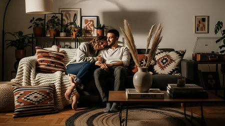 Couple in love sitting on sofa at home and looking at each otherの素材