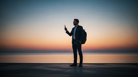 Businessman using a mobile phone while standing on a pier at sunriseの素材