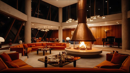 Interior of a hotel lobby with orange sofas and candlesの素材
