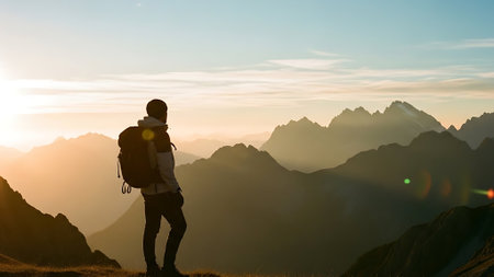 Silhouette of a man with a backpack against the background of the mountains.の素材