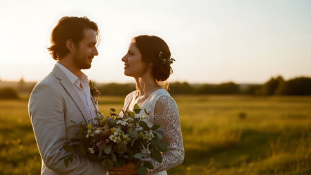 Beautiful young couple in love, bride and groom posing in the fieldの素材