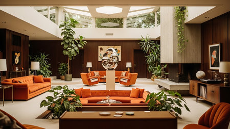 Interior of a hotel lobby with orange sofa and orange armchairsの素材