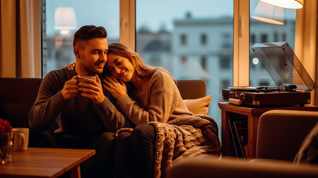 Couple in love drinking coffee in cafe. Man and woman sitting on couch and using smartphone.の素材