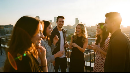 Group of friends having fun on rooftop terrace at sunset. Cheerful young men and women dancing together.の素材