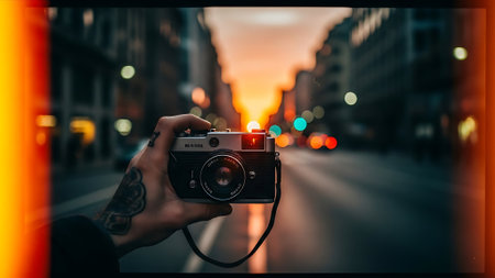 Man with tattoo on his arm holding a retro camera in the cityの素材