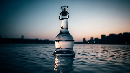Glass bottle with water on the background of the city and the riverの素材