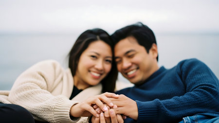 Portrait of a young asian couple holding hands on the beachの素材