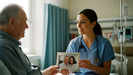 Smiling nurse taking photo of senior patient in hospital ward. Elderly man sitting in bed and looking at his wife.の素材