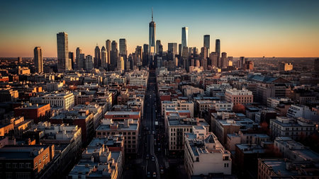 Aerial view of Chicago skyline at sunset, Illinois, USA.の素材