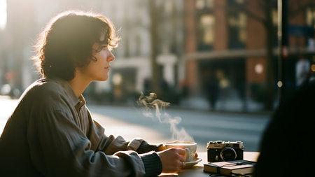 Young woman drinking coffee in a cafe in the city and looking at the cameraの素材