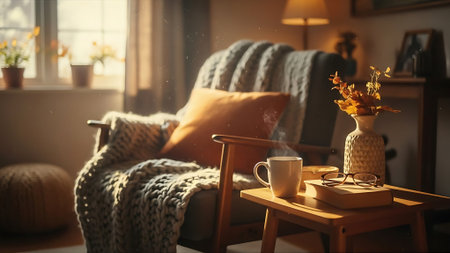Cozy living room with armchair, coffee cup and knitted plaidの素材