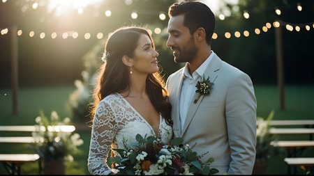Wedding couple in love, bride and groom on their wedding dayの素材