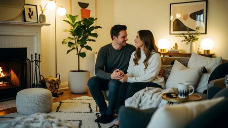 Happy young couple sitting on sofa in front of fireplace at home.の素材
