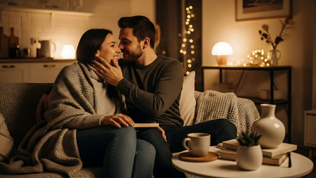 Couple in love sitting on sofa at home and looking at digital tabletの素材