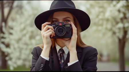 Beautiful young woman in a black suit and a hat with a camera in her hands.の素材