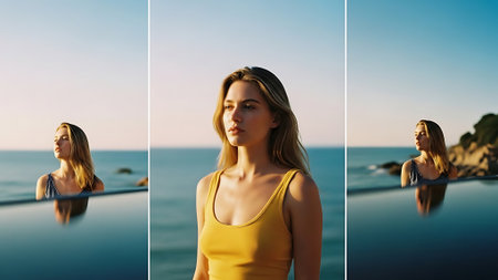 Portrait of a beautiful young woman in a yellow swimsuit against the background of the sea and sunset.の素材