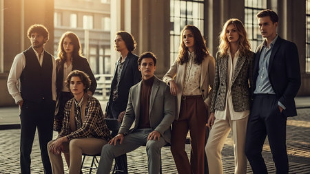 Group of young business people in formalwear standing in a row and looking at cameraの素材