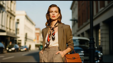 Fashionable young woman in a beige jacket with a brown handbag on the streetの素材