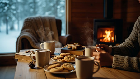 Woman with cup of tea and cookies on wooden table in front of fireplace in winterの素材
