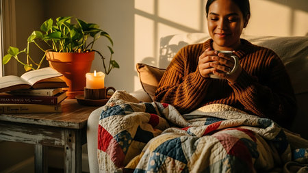 Young asian woman sitting in bed with a cup of coffee.の素材