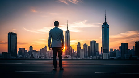 Back view of young businessman looking at the sunset over the modern cityの素材