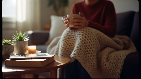 Woman with cup of hot drink sitting on sofa in living room at homeの素材