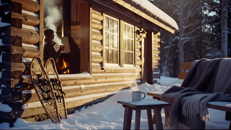 Man with a glass of hot drink on the background of a log house in winter.の素材