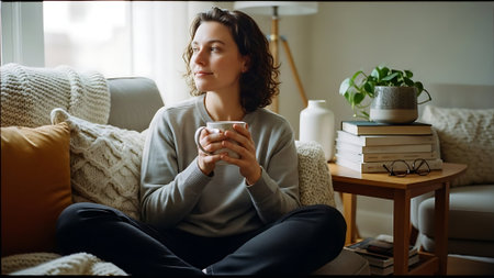Relaxed young woman with cup of coffee sitting on sofa at homeの素材