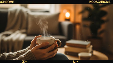 Coffee cup in woman hands on sofa in the living roomの素材