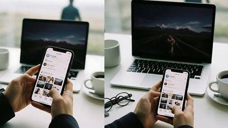 Photo of Apple iPhone X with social networking service Instagram on the screen. Instagram is a photo-sharing app for smartphones.の素材