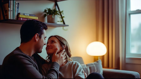 Couple in love sitting on sofa at home and looking at each otherの素材