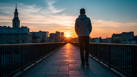 A young man is standing on the bridge and looking at the sunsetの素材