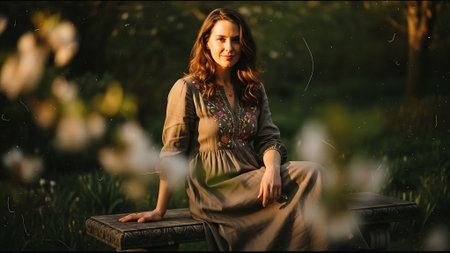 Portrait of a beautiful brunette girl in a long dress.の素材