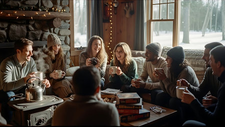 Group of young friends drinking coffee and talking while sitting on couch at homeの素材