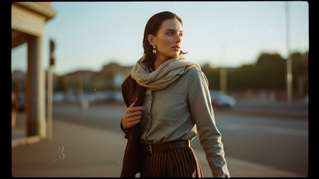 Beautiful young woman in a coat and scarf walking through the cityの素材