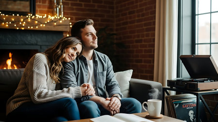 Couple in love sitting in front of fireplace, reading book and drinking coffeeの素材