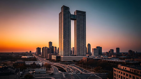View of the city of Frankfurt am Main at sunrise, Germany.の素材