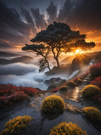 Solitary tree perched above a mist-filled canyon glowing with sunrise light.の素材