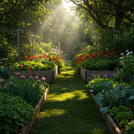 Garden trail covered in dappled sunlight surrounded by flowers.の素材