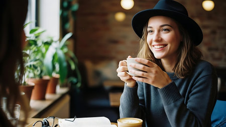 Cheerful young woman in hat drinking coffee and reading book in cafeの素材