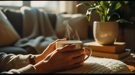 Woman sitting on sofa with cup of coffee at home. Female hands holding cup of hot drink, relaxing at homeの素材