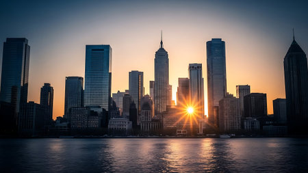 Manhattan skyline at sunset, New York City, United States.の素材